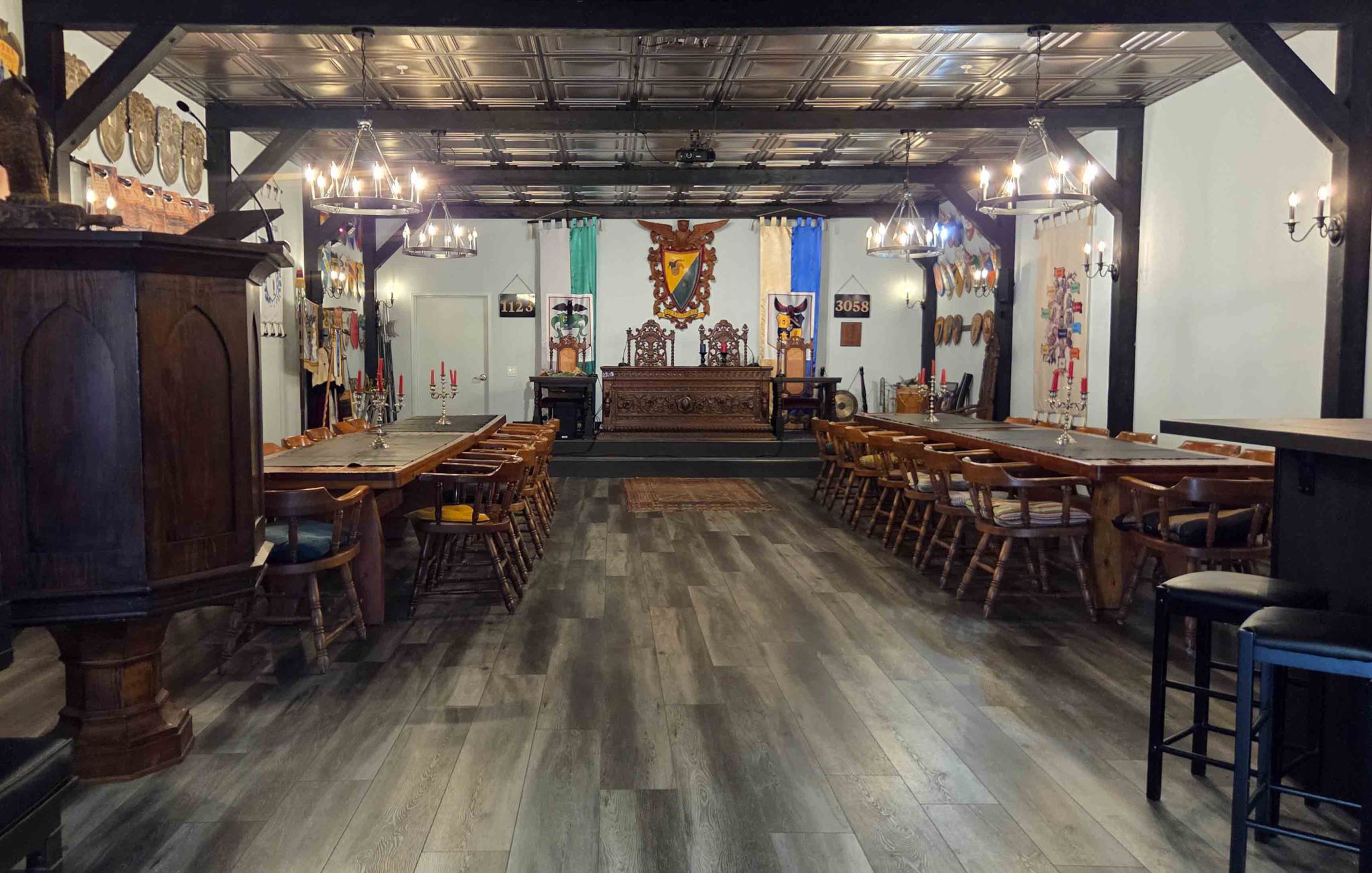 The unique Grey Whale Castle event venue in San Diego with tables and ornate front platform