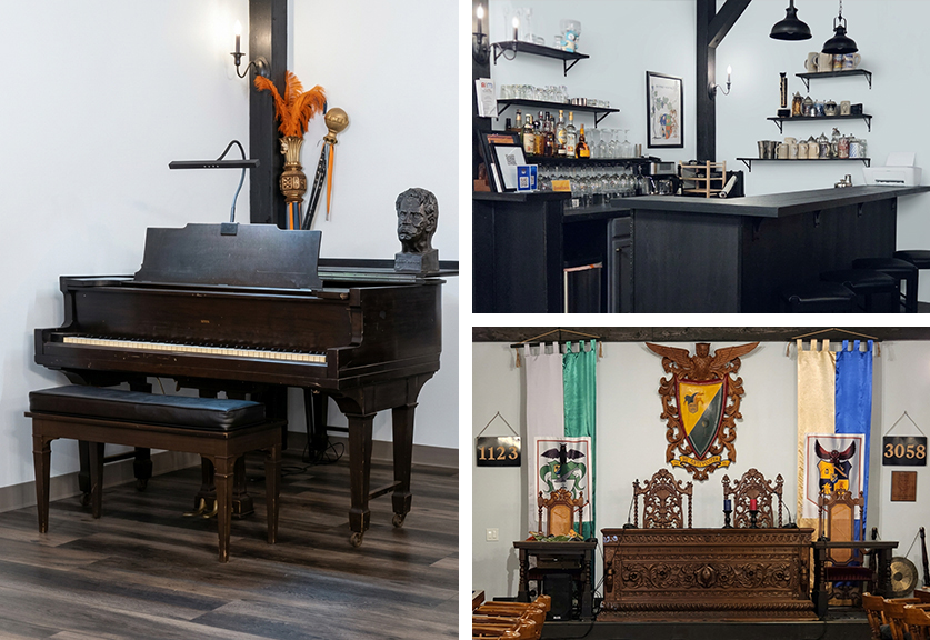 Grey Whale Castle piano, bar, and ornate venue details
