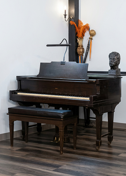 Grand piano in the unique Grey Whale Castle event venue in San Diego