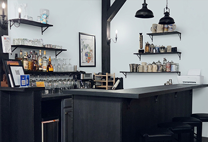 Bar area inside the unique Grey Whale Castle event venue in San Diego
